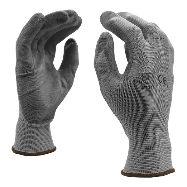 A pair of gray Cordova polyester gloves with gray palm coating.