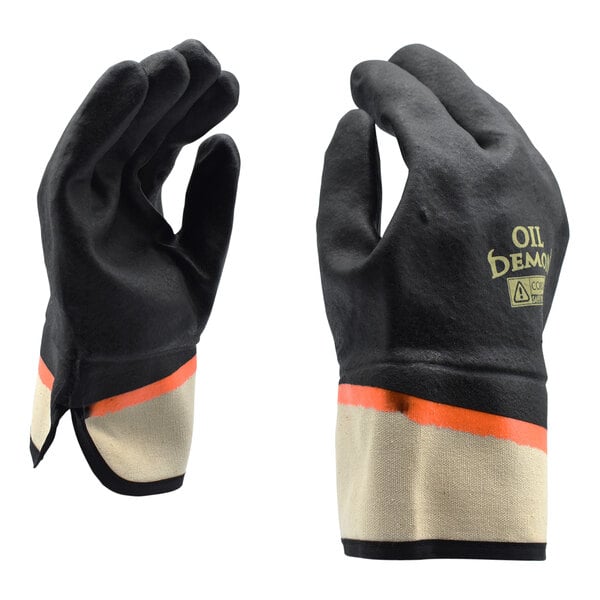 A pair of black gloves with orange bands.