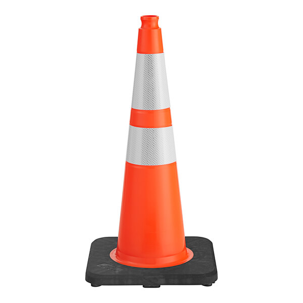 An orange and black Xpose Safety traffic cone with white reflective collars.