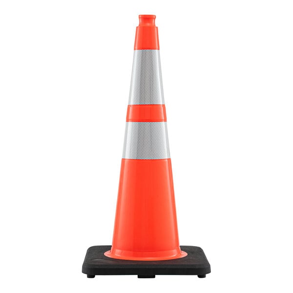 A 28-inch slim line orange heavy-duty PVC traffic cone with a 7 lb. base and double reflective collars.