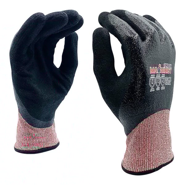 A pair of black gloves with a red stripe on the palm.