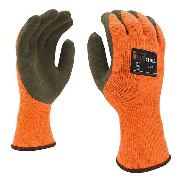 A pair of orange and brown Cordova warehouse gloves with a label.