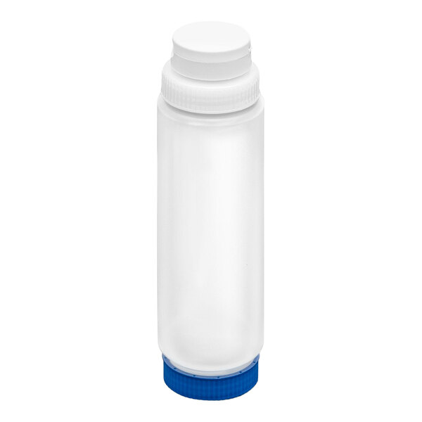 A clear plastic squeeze bottle with a white cap on top and a blue cap on the bottom.
