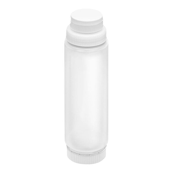 A clear plastic squeeze bottle with a white cap and a clear base cap.