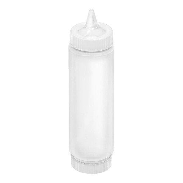 A clear plastic squeeze bottle with a pointed nozzle cap and a base cap, shown against a white background.