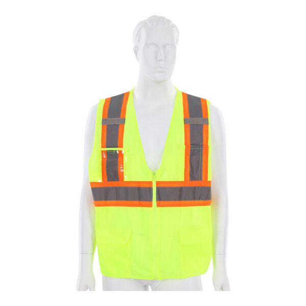 A mannequin wearing a yellow Cordova Cor-Brite mesh safety vest with orange stripes.