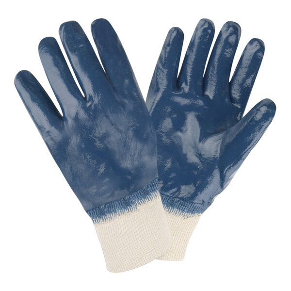 A pair of blue Cordova nitrile gloves with interlock lining.