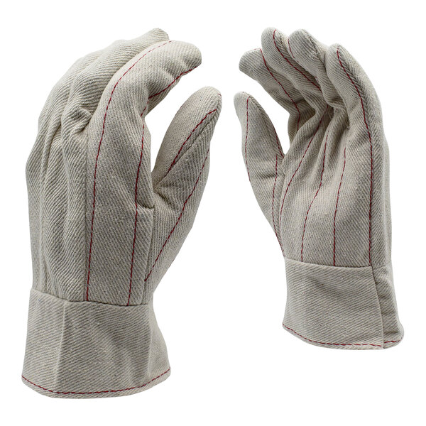 A pair of white Cordova work gloves with red stitching.