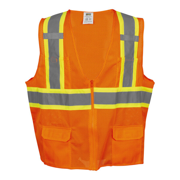 An orange Cordova Cor-Brite safety vest with yellow and grey reflective stripes.