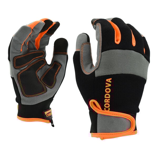 A close-up of a Cordova Hi-Vis multi-task glove with orange and black accents.