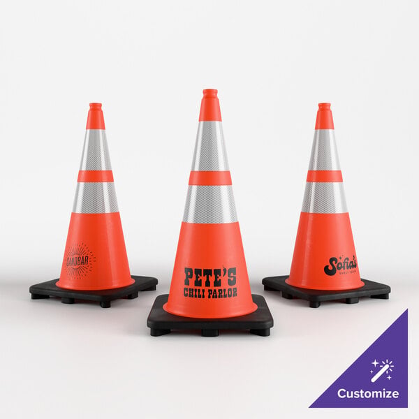 A set of three orange heavy-duty PVC traffic cones with double reflective collars and customizable printed logos on the front.
