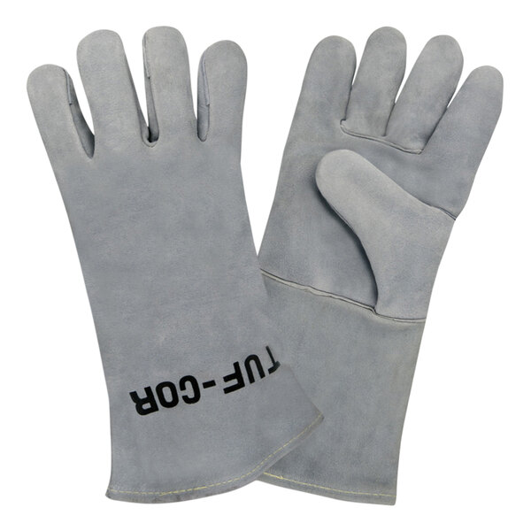 A pair of grey Cordova Tuf-Cor leather gloves with flame-resistant sock lining.