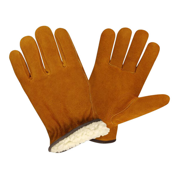 A pair of brown Cordova leather driver's gloves with pile lining.