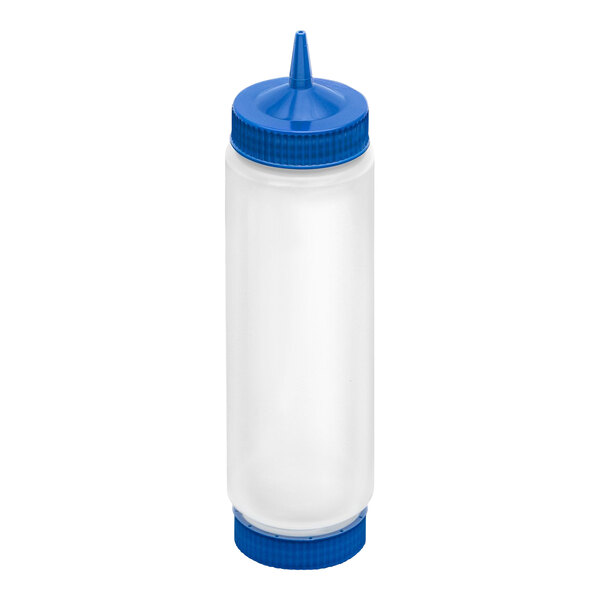 A clear plastic squeeze bottle with a blue pointed cap and a matching blue base.