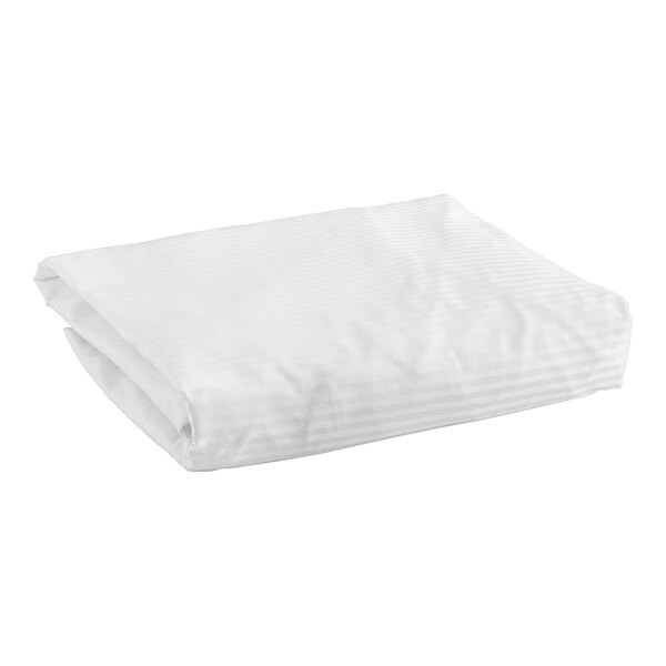 A folded white Garnier-Thiebaut king size fitted sheet with tone-on-tone stripes on a white background.