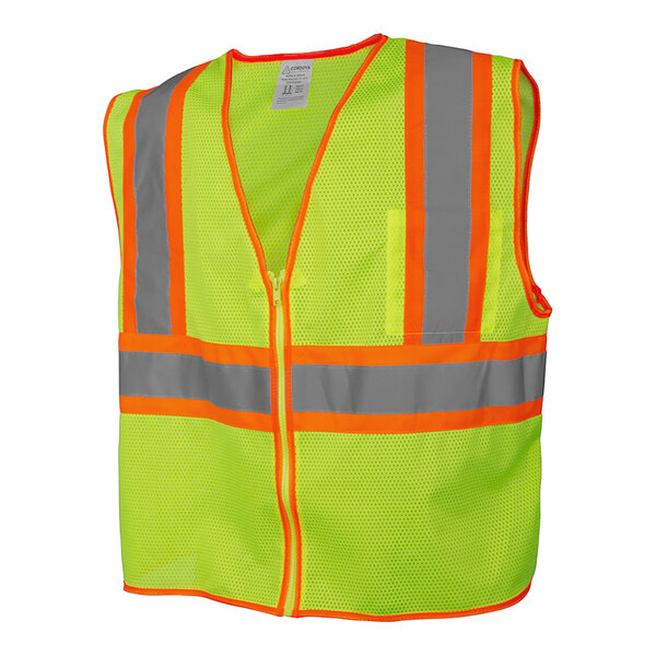 A yellow safety vest with orange stripes and reflective tape.
