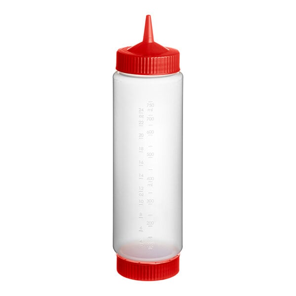 A clear plastic Vollrath Traex squeeze bottle with red caps and a pointy tip.
