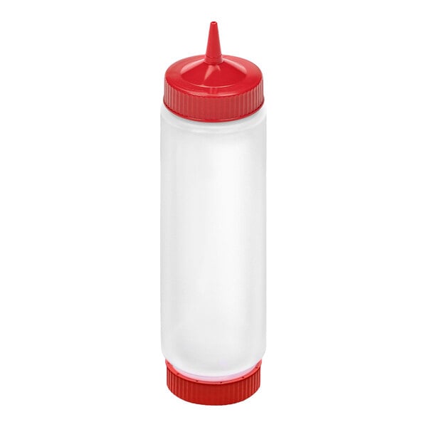 A clear plastic squeeze bottle with a red pointed cap and a red base cap.