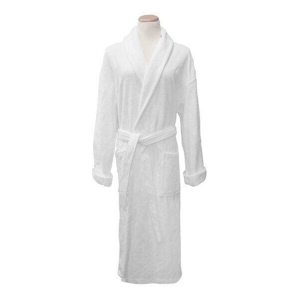 A white Garnier-Thiebaut shawl collar bath robe on a mannequin.