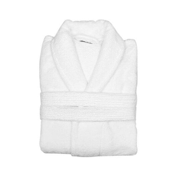 A folded white Garnier-Thiebaut shawl collar bath robe on a white background.