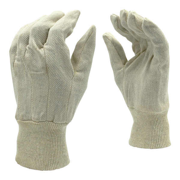 A close-up of a pair of Cordova white canvas work gloves.