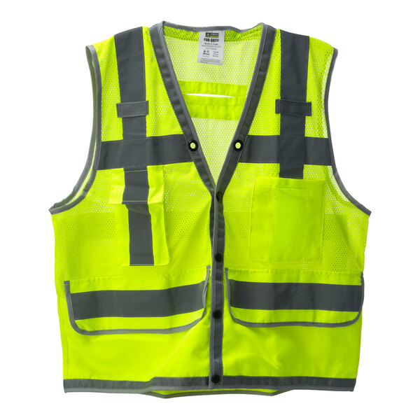 A lime mesh safety vest with grey reflective stripes.