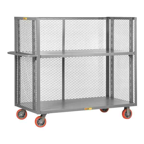 A gray metal cart with orange wheels.