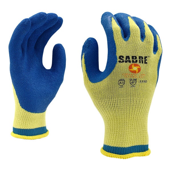 A pair of blue gloves with yellow crinkle coating.