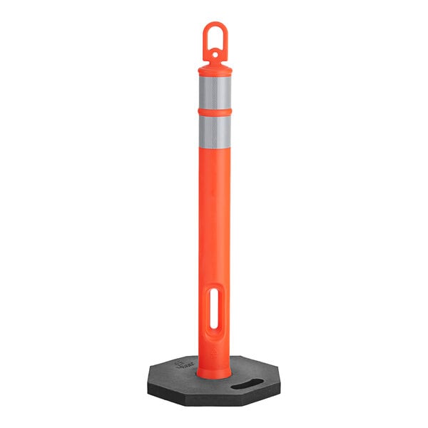 An orange Xpose Safety delineator post with reflective bands on a metal base.