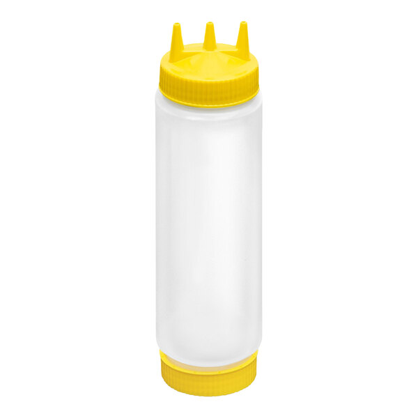 A clear plastic squeeze bottle with a yellow cap featuring three pointed tips and a matching yellow base.