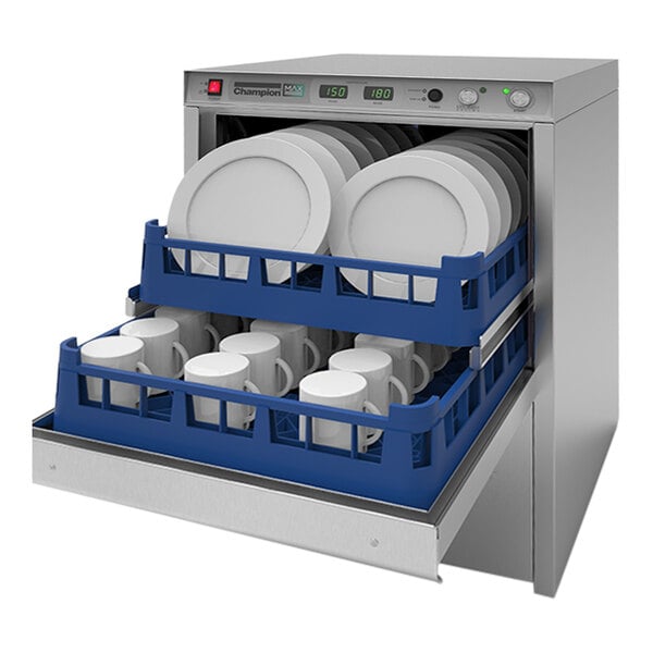 A Champion undercounter dishwasher with plates and mugs inside.