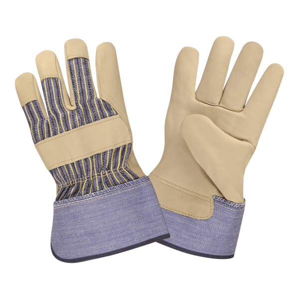 A pair of Cordova warehouse work gloves with blue and white stripes.