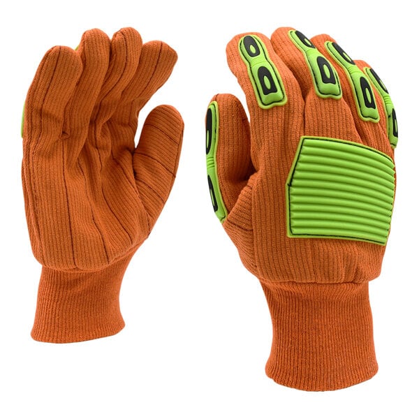 A close-up of a pair of orange Cordova canvas gloves with green TPR reinforcements.