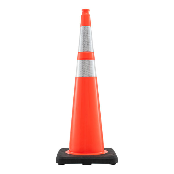 A 36-inch slim line orange heavy-duty PVC traffic cone with a 10 lb. base and double reflective collars.