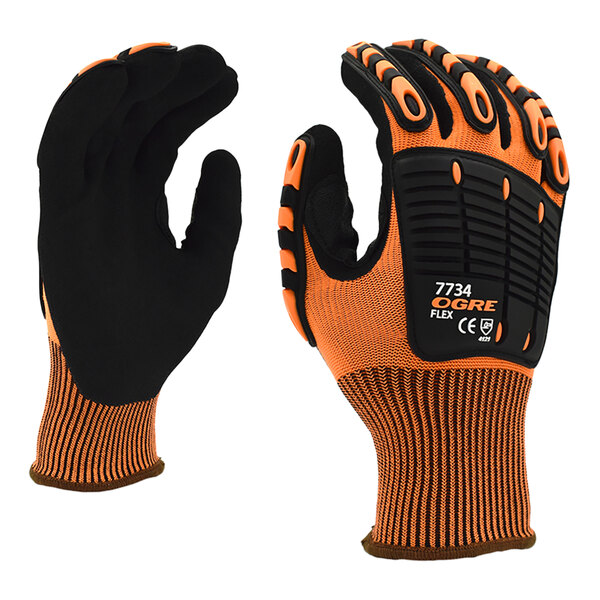 A close up of a large Cordova work glove with black and orange fabric.