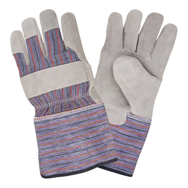 A pair of Cordova striped canvas work gloves with shoulder split leather palms and rubber cuffs on a white background.