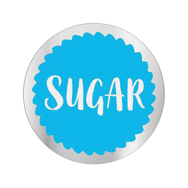 A white circle with a blue border and white text reading "sugar"