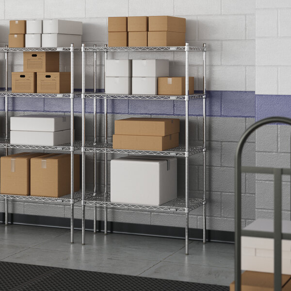 Lavex Pro wire shelving with boxes on the shelves.