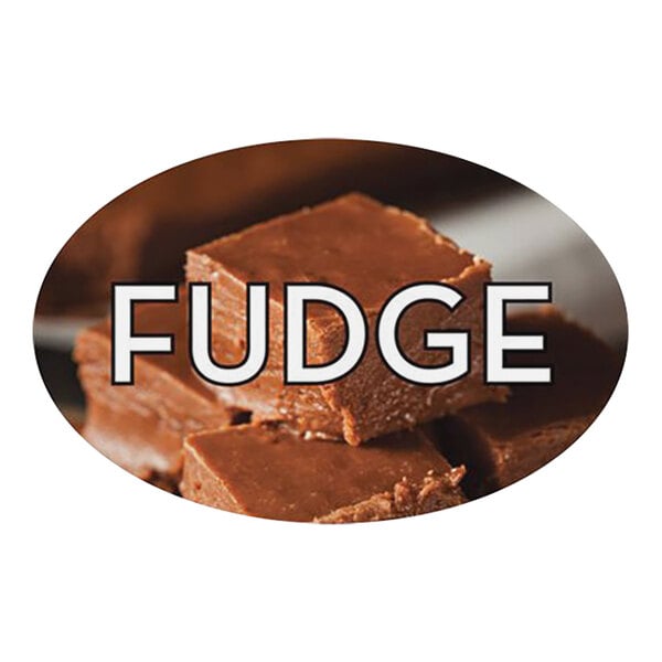 A Bollin oval white bakery label with the words "Fudge" in black and brown.