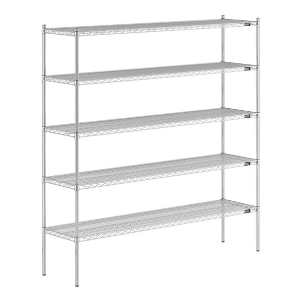 A Lavex Pro chrome wire shelving unit with four metal shelves.