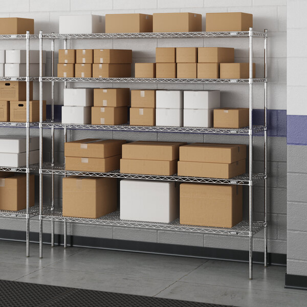 A Lavex Pro chrome wire shelving unit with shelves holding boxes.