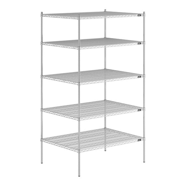 A Lavex Pro chrome wire shelving unit with four shelves.