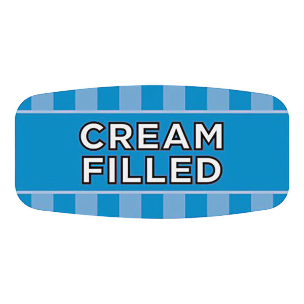 A blue rectangular sign with white text reading "Cream Filled"