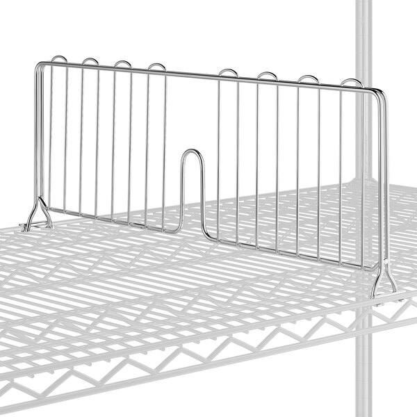 A Lavex Pro chrome metal wire shelf divider on a metal rack.