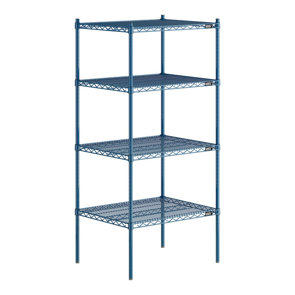 A blue metal Lavex Pro wire shelving unit with four shelves.