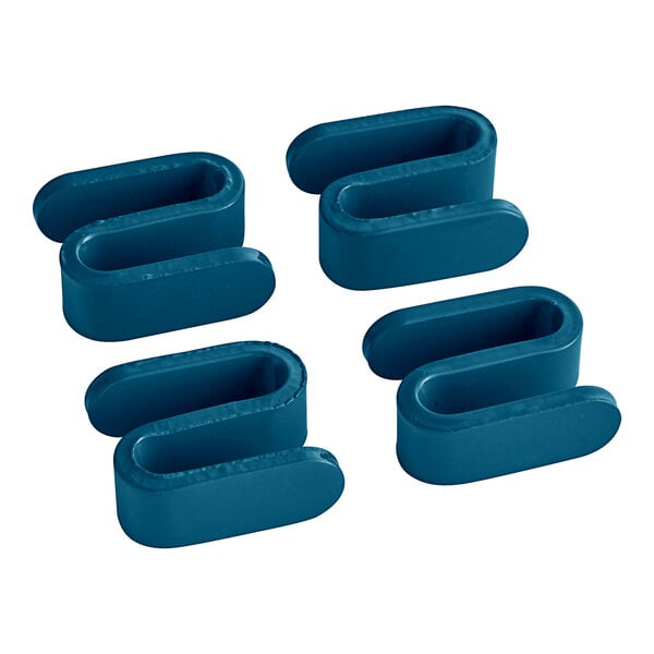 Four Lavex Pro blue epoxy heavy-duty wire shelving "S" hooks.