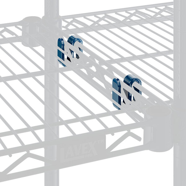 A Lavex Pro stainless steel "S" hook attached to NSF blue wire shelving.