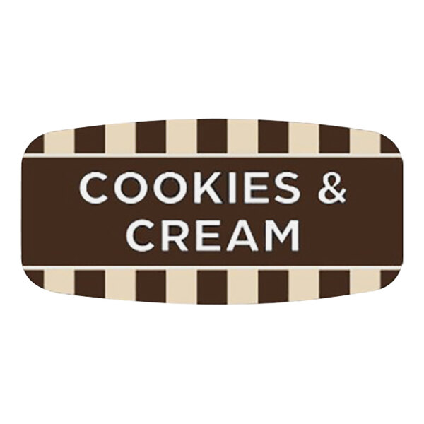 A brown and white rectangular bakery label with white text that reads "Cookies & Cream"