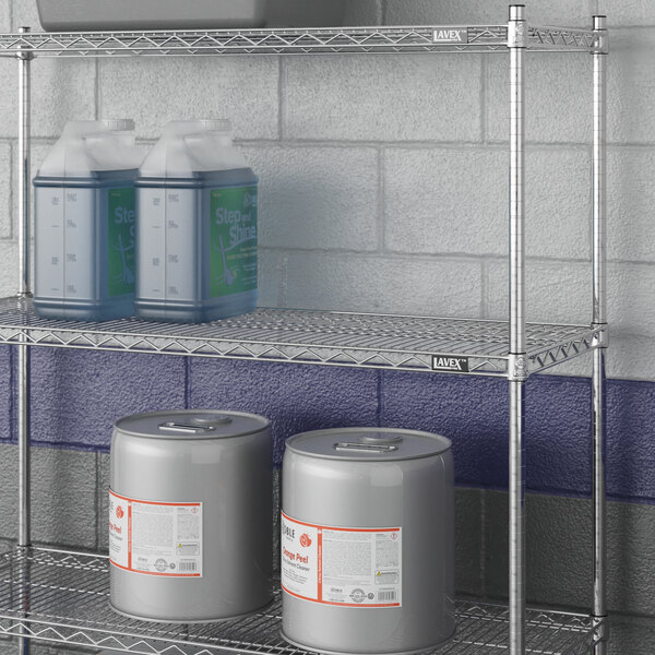 A Lavex Pro metal wire shelf with containers on it.