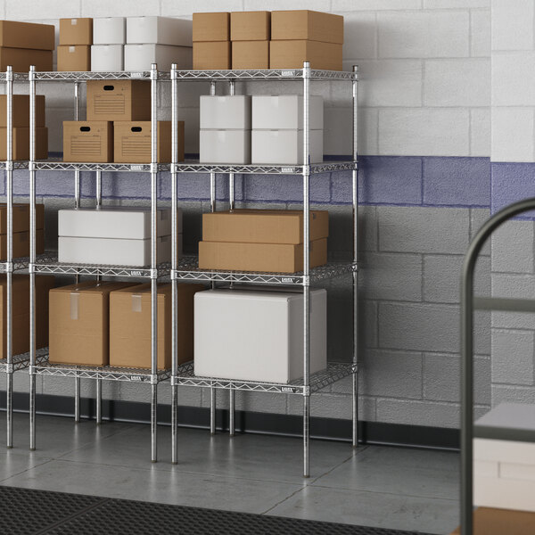 Lavex Pro chrome wire shelving with boxes on the shelves.